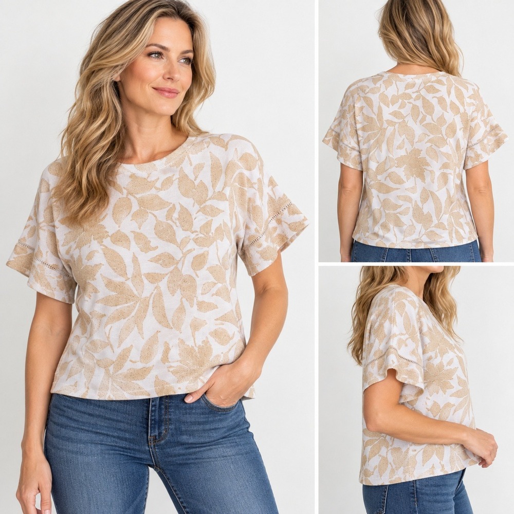 Ali Miles Womens XL Khaki Leaf Print Linen Blend V-Neck Lace Trim Top NWT
